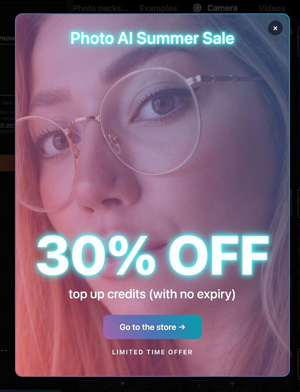 A promotional banner for a summer sale featuring a close-up of a woman with glasses.
