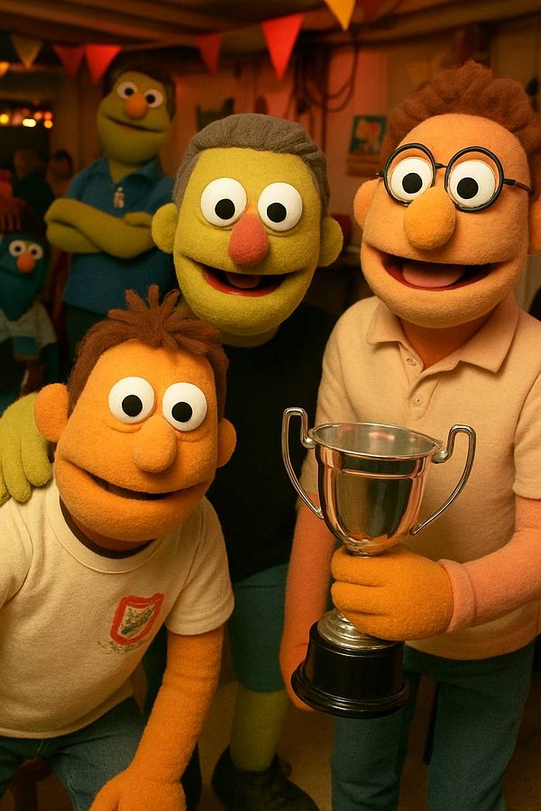 A group of colorful puppets celebrates a victory at a pub quiz, holding a trophy.