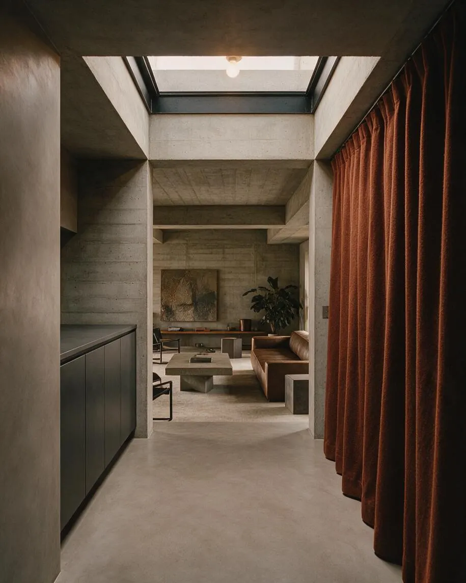 A narrow laundry room with raw concrete walls, ceiling beams, and a skylight overhead. Dark built-in cabinetry lines the left wall, while heavy rust-colored velvet curtains hang on the right, opening to a larger concrete living space beyond.