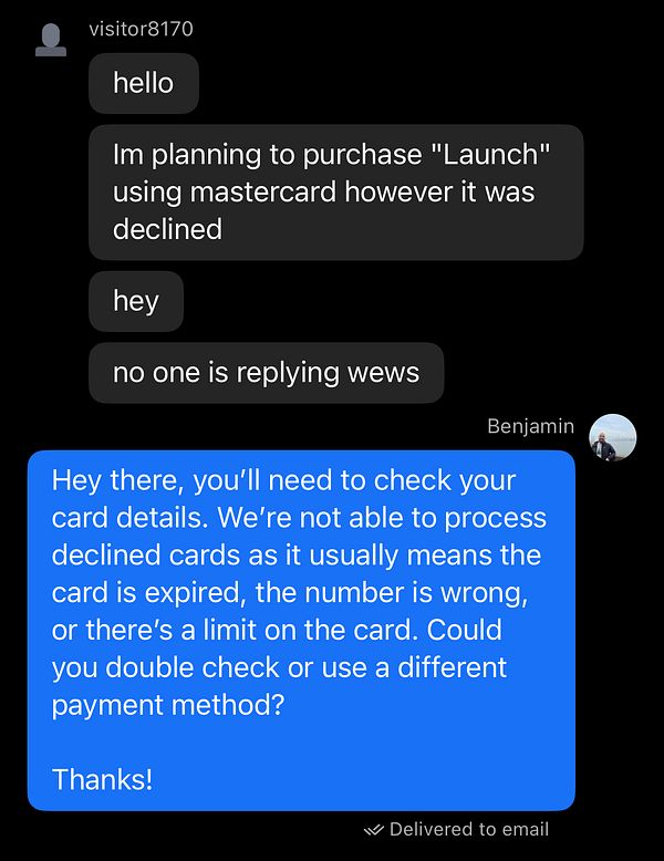 A conversation between a user and a support representative regarding a declined credit card transaction.