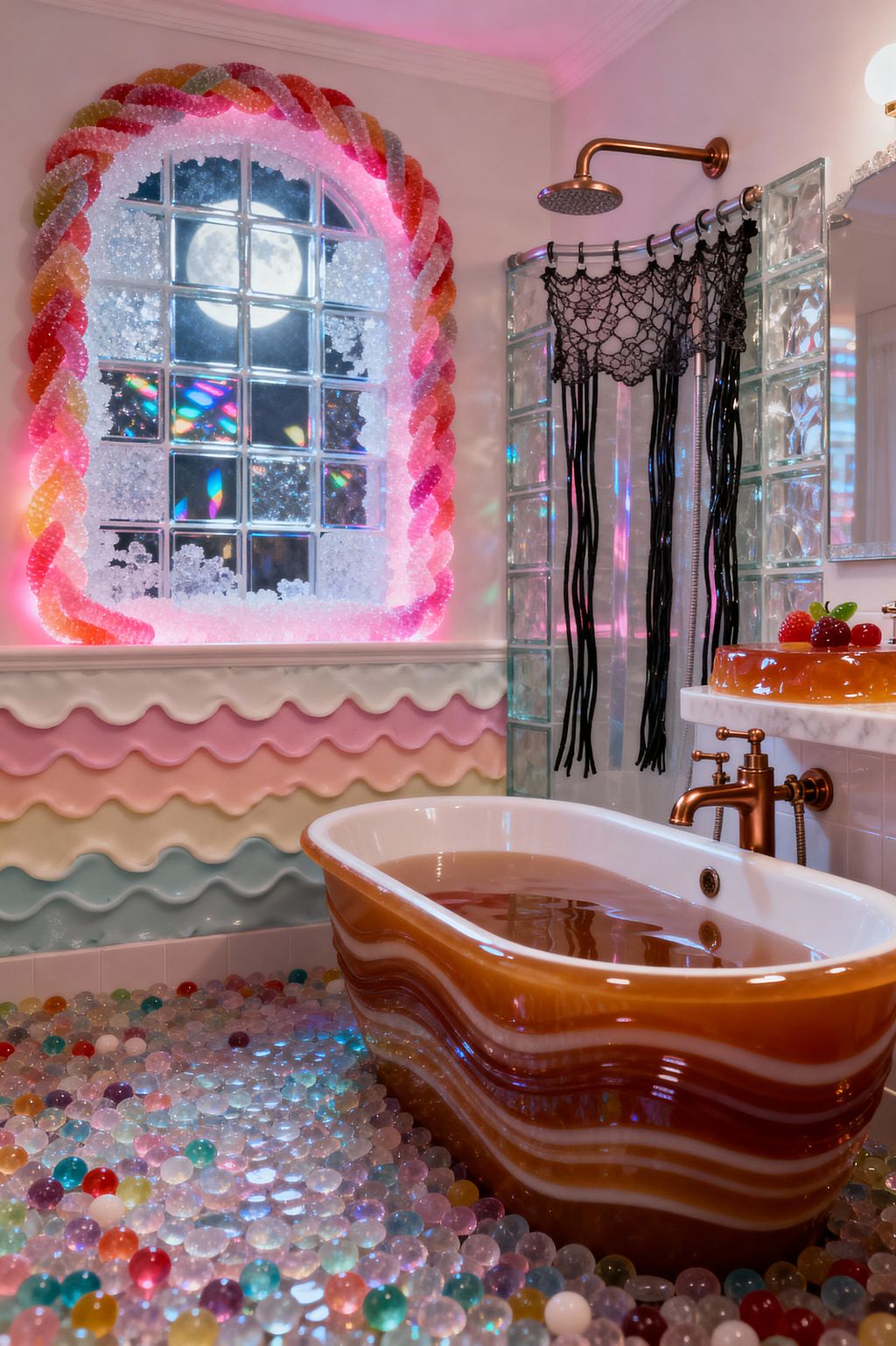 A whimsical bathroom styled like Candy Land features a caramel-striped freestanding tub set on a floor of colorful glass beads, with walls clad in wavy pastel tiles. A glass-block window braided with illuminated rope-candy trim and a glass-block shower with a bronze rain head and black macramé curtain sit beside an amber glass vessel sink with copper taps, all bathed in a rosy, iridescent glow.