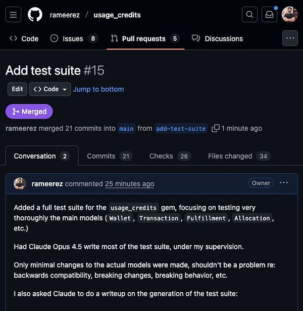 A GitHub pull request page showing the merging of a test suite for the usage_credits gem.