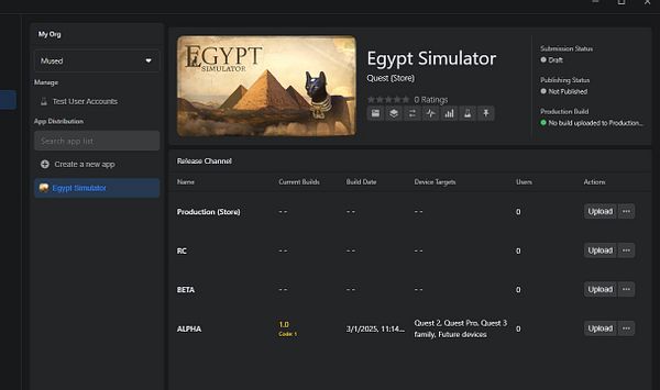 The image displays a dashboard for the 'Egypt Simulator' app on the Quest Store, highlighting its release channels and build information.
