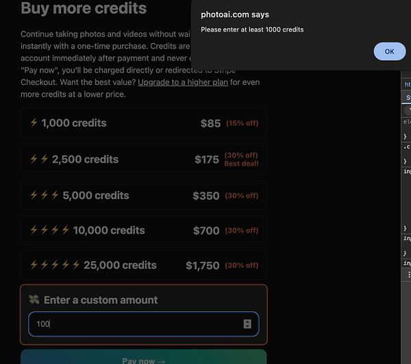 The image displays a user interface for purchasing credits on a website, with a notification about minimum credit requirements.