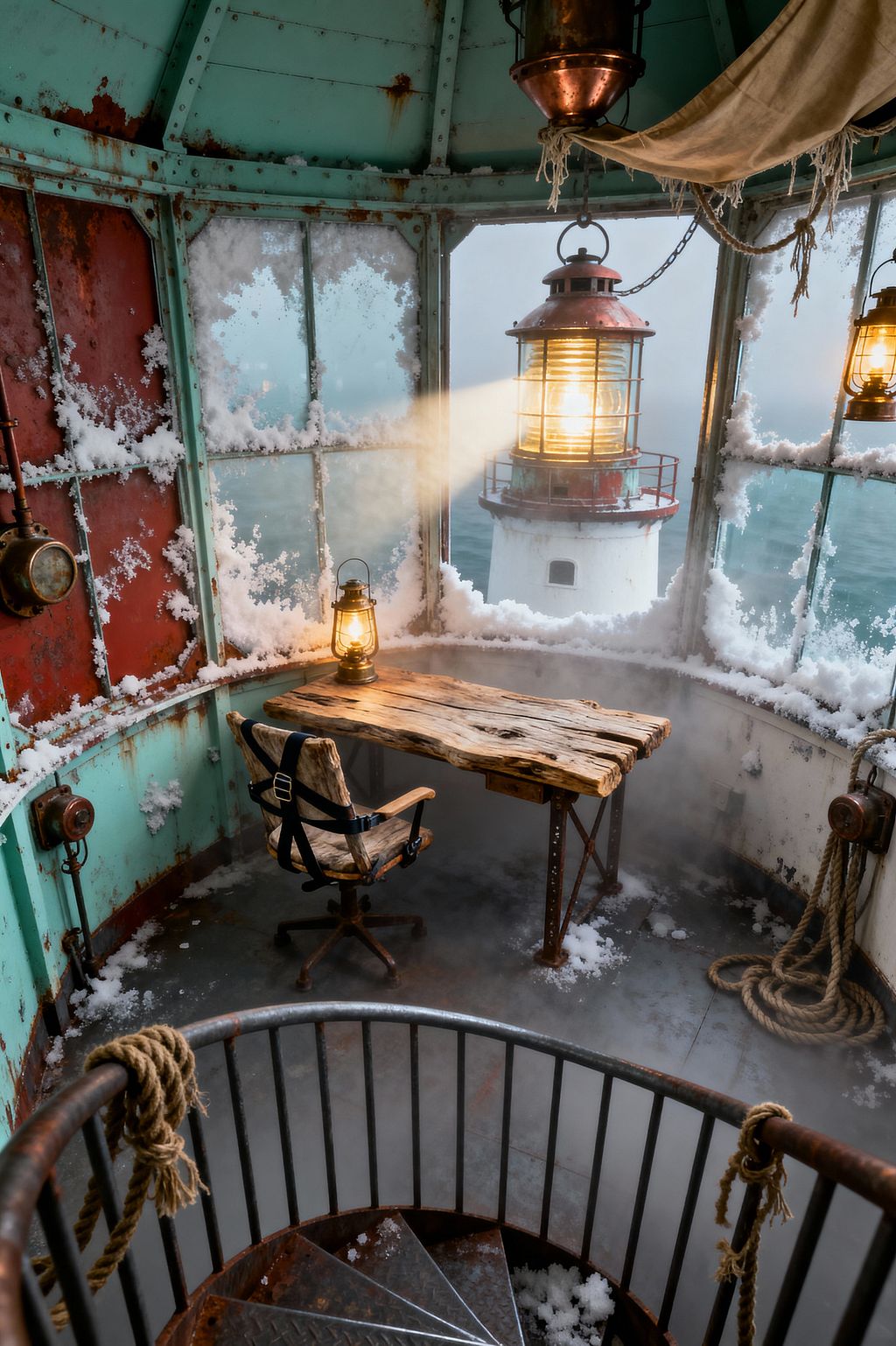 A compact workspace inside the glazed crown of a weathered lighthouse shows a live-edge wooden desk on metal trestles, a swivel chair with black harness straps, and two oil-style lanterns casting warm light. Frost coats teal and red rusted wall panels and window frames, snow dusts the floor beside coiled rope, and a spiral metal stair rises through mist. Through the icy panes, a nearby lighthouse beam cuts through fog over open water.