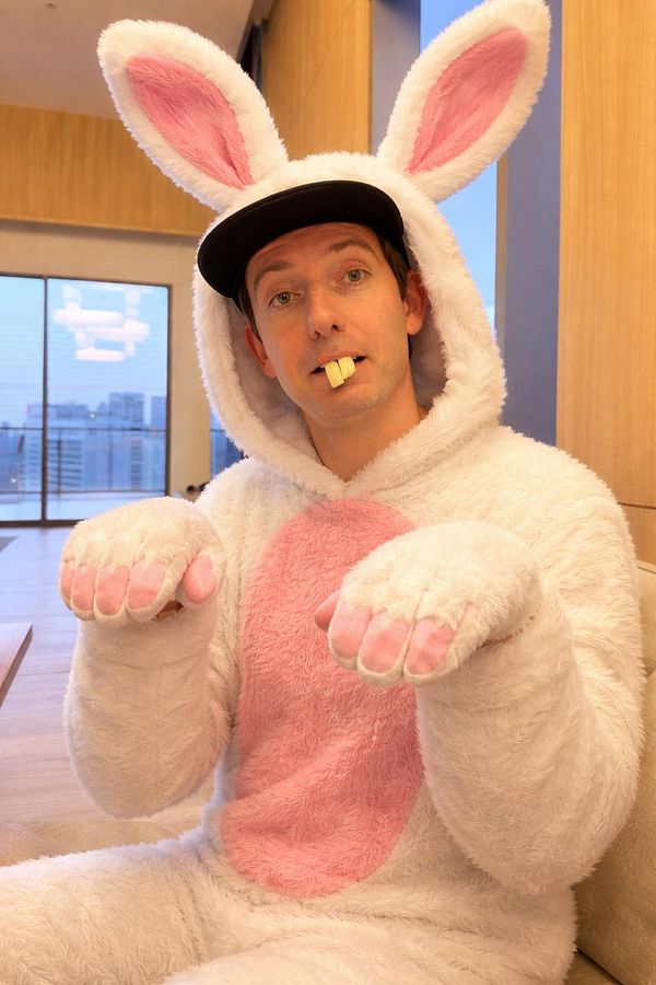 A person dressed in a fluffy bunny costume is playfully posing indoors.