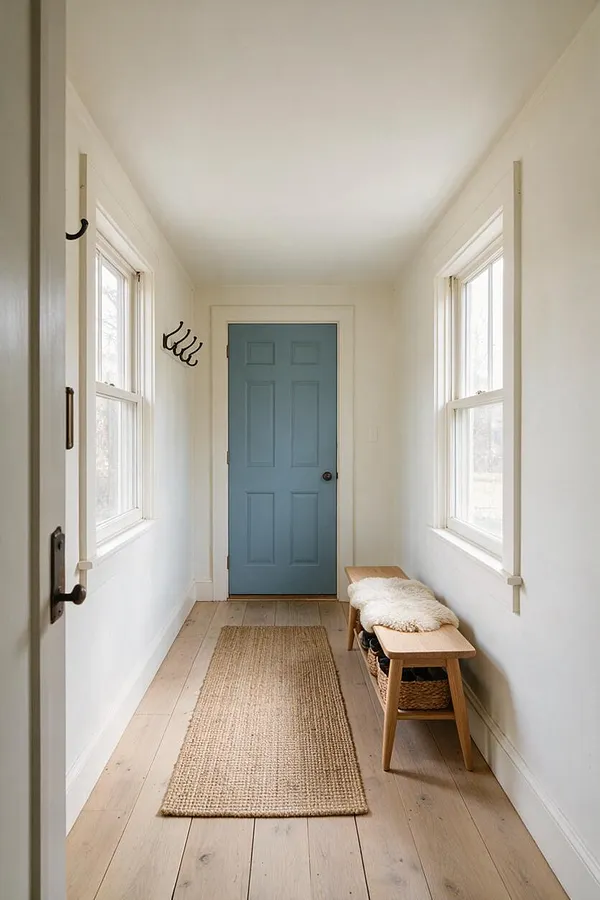 A narrow Scandinavian-style front porch with white walls, light wood plank flooring, and a soft blue paneled door at the end. The space includes large windows on both sides, a woven jute runner, simple wall hooks, and a small wooden bench with a sheepskin throw and woven basket storage.