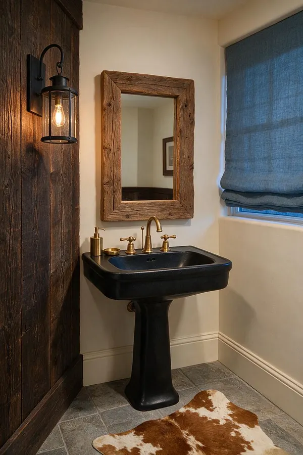 A compact rustic powder room with a black pedestal sink, brass faucet and soap dispenser, and a rough-hewn wood-framed mirror on a cream wall. A dark wood plank accent wall and lantern-style sconce add warmth, while a blue Roman shade and cowhide rug soften the space.