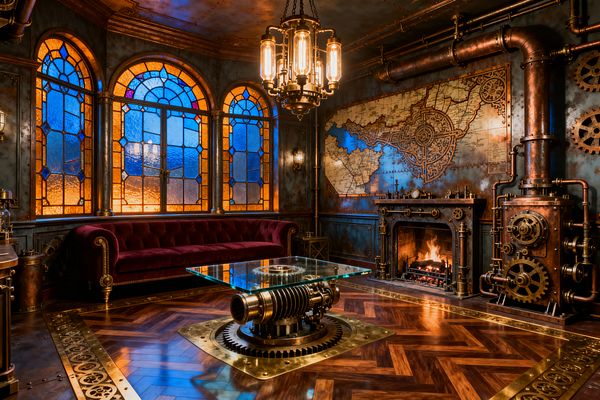 A richly detailed steampunk living room features tall arched windows filled with blue and amber stained glass, a deep burgundy tufted sofa, and a glass-topped coffee table mounted on a mechanical gear pedestal over herringbone wood floors with brass inlays. To the right, a cast-iron fireplace beneath a giant vintage map is flanked by exposed copper pipes and cogwork, while an Edison-bulb chandelier and cage sconces warm the patinated metal walls.