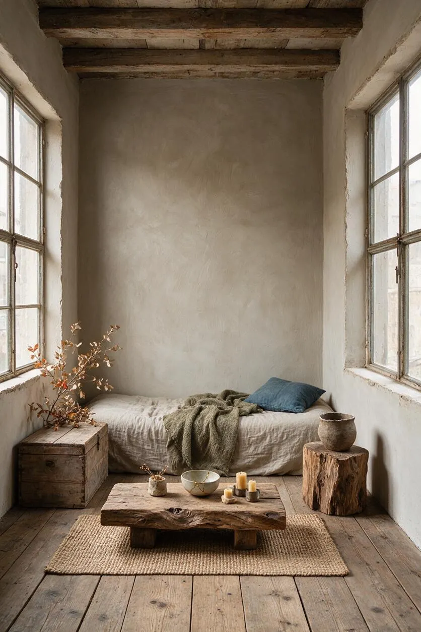 A narrow sunroom with two tall multi-pane windows, rough plaster walls, and exposed wooden ceiling beams. The room features a low bed with neutral bedding, a textured throw, rustic wood furniture, a woven rug, and simple ceramic decor in soft earthy tones.