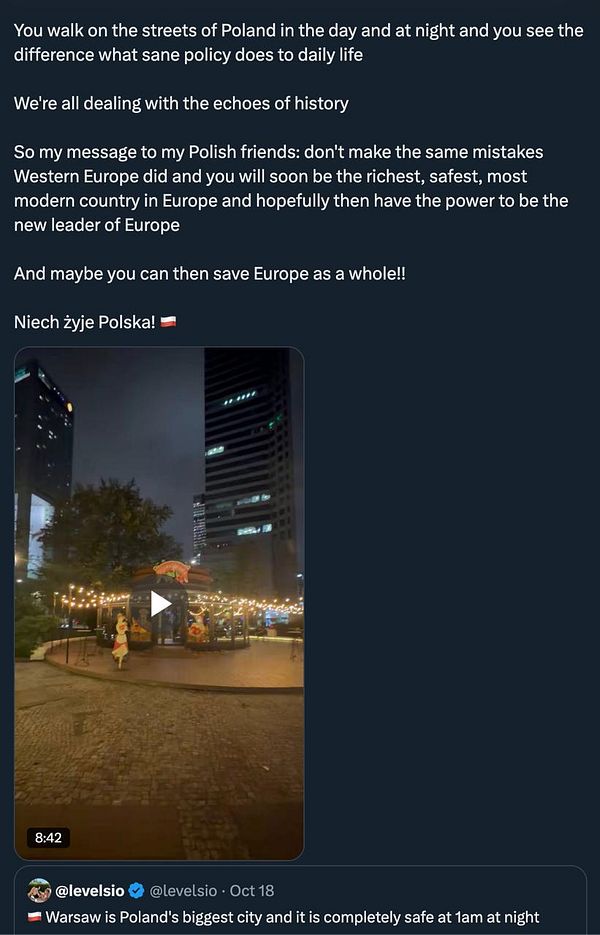 A social media post discussing Poland's progress and future potential, accompanied by a nighttime video thumbnail of a city street scene in Warsaw with decorative lights and tall buildings.