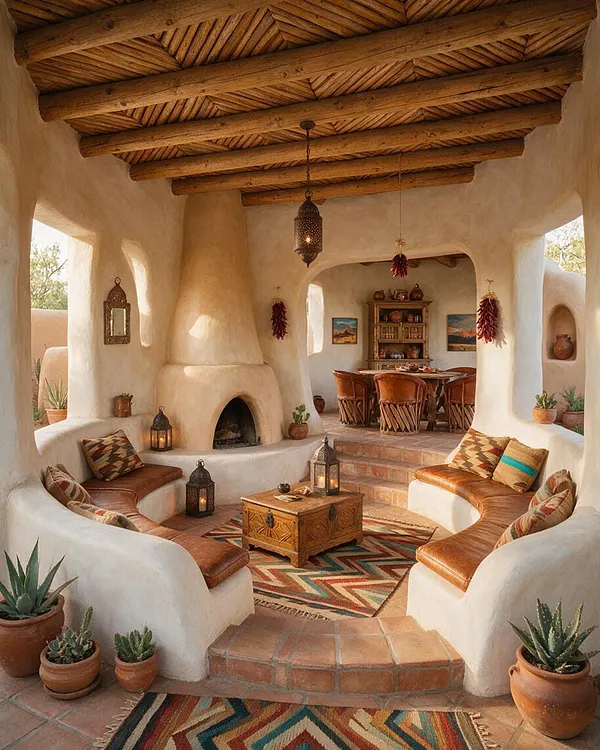 A Southwestern-style backyard courtyard with smooth adobe walls, curved built-in seating, a kiva-style fireplace, and a wood-beamed ceiling. The space includes leather cushions, patterned textiles, lanterns, terracotta pots with succulents, and a small dining nook in the back, creating a warm desert-inspired retreat.