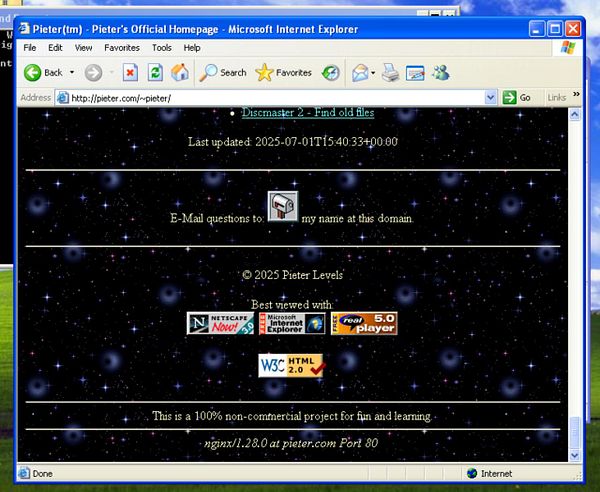The image displays a retro website interface for 'Pieter's Official Homepage' in Microsoft Internet Explorer.