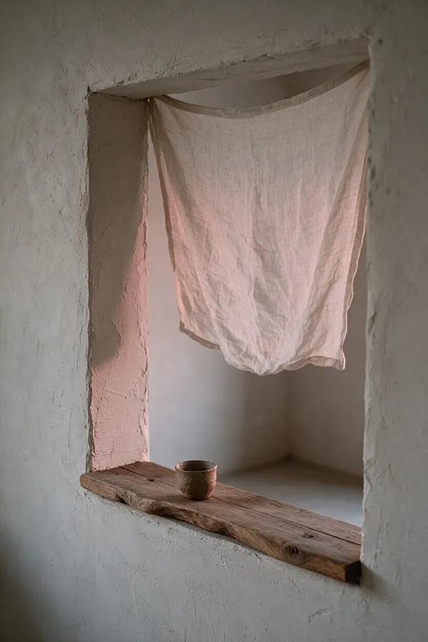 A small plaster niche with rough, organic edges holds a natural linen cloth draped from the top and a tiny ceramic cup resting on a reclaimed wood ledge. The palette is soft and earthy, with warm beige, muted pink light, and weathered brown wood creating a calm Wabi-Sabi vignette.
