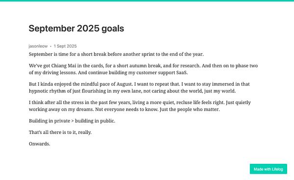 A personal reflection on goals for September 2025, emphasizing a desire for a mindful and private life.