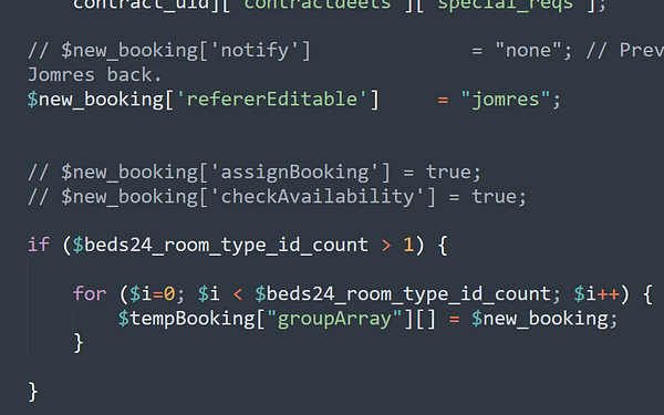 The image displays a code snippet related to booking management in a software application.