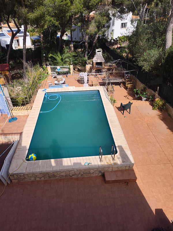 Outdoor residential swimming pool with patio furniture and surrounding greenery.