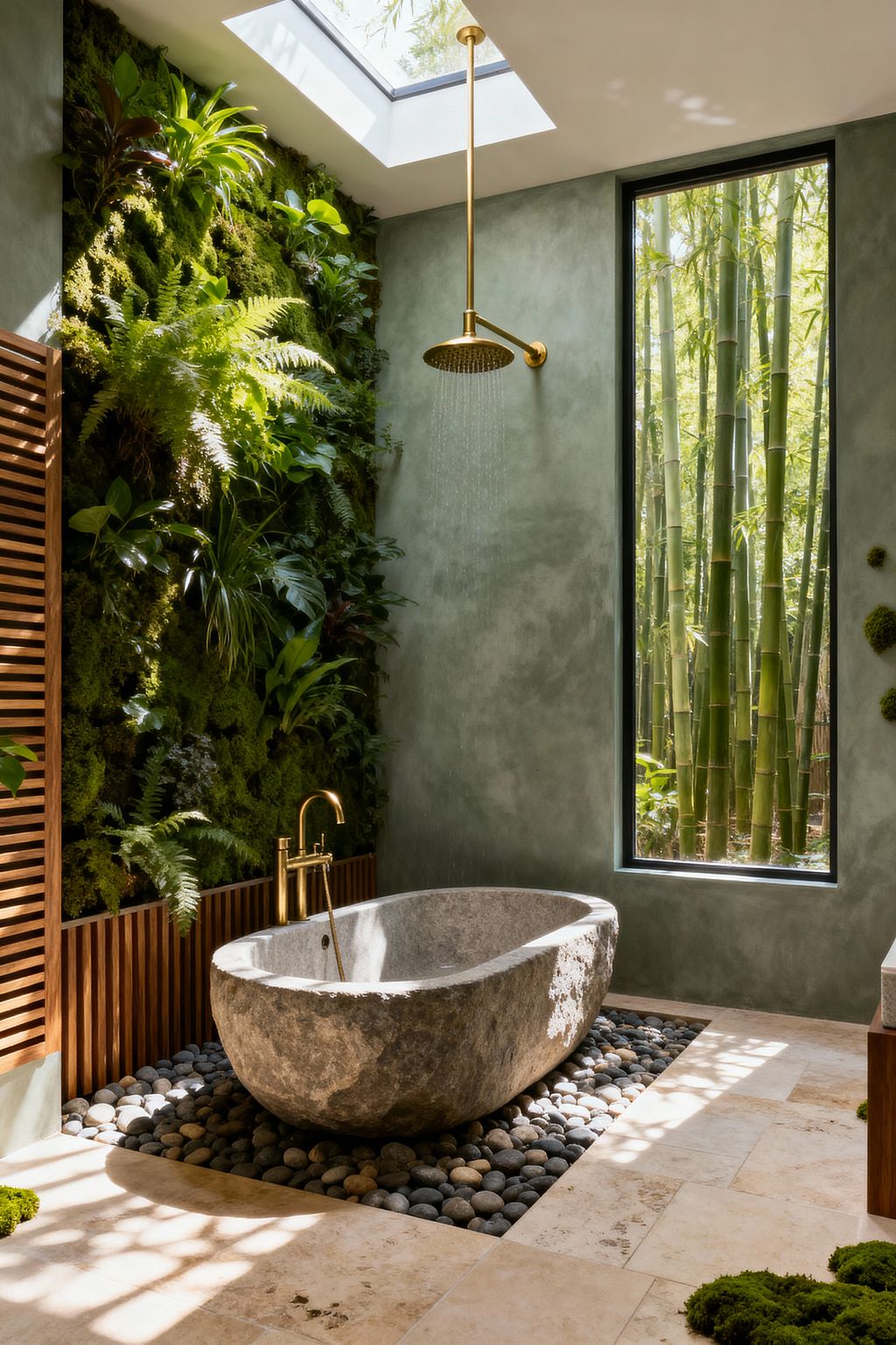 A biophilic bathroom features a large stone soaking tub nestled in smooth river pebbles, with a brass tub filler and a ceiling-mounted brass rain shower. A vibrant living wall of moss, ferns, and tropical plants lines one side, while sage-green plaster walls frame a tall window that looks onto a bamboo grove. Daylight from a skylight washes over warm travertine floor tiles and a wood slatted screen, creating dappled shadows and a serene atmosphere.