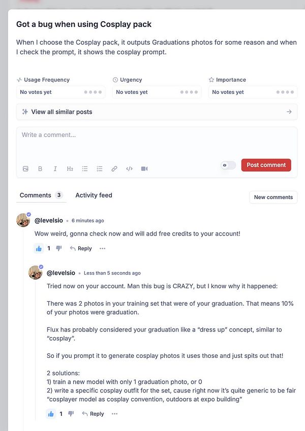 A user reports a bug related to the Cosplay pack in a photo AI application, leading to unexpected graduation-themed outputs.