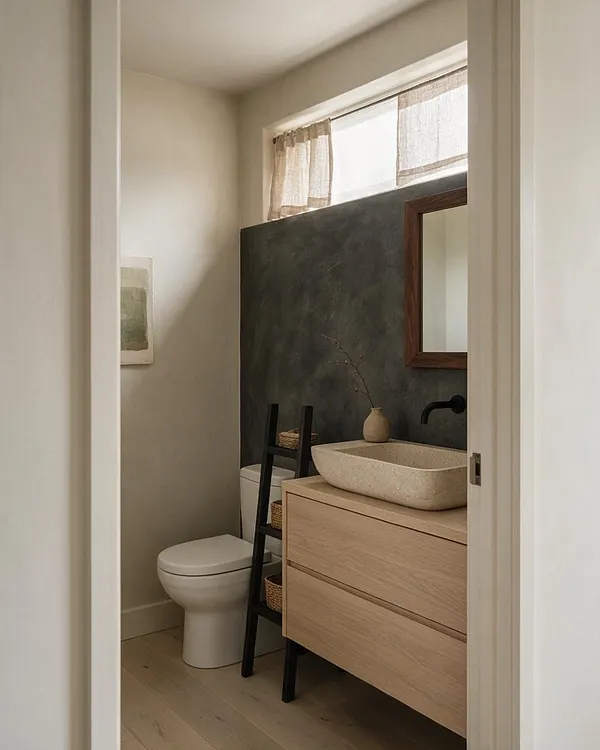 A compact powder room styled in Japandi design, featuring a light wood floating vanity with a pale stone vessel sink, a dark textured accent wall, and a wood-framed mirror. A white toilet sits beside a slim black shelf, while soft beige curtains filter daylight from a small window above.