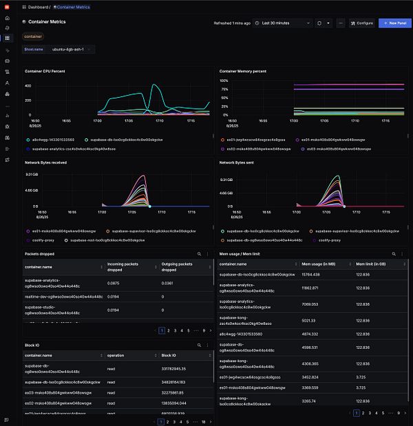 The image displays a detailed dashboard for monitoring container metrics in a Docker environment.