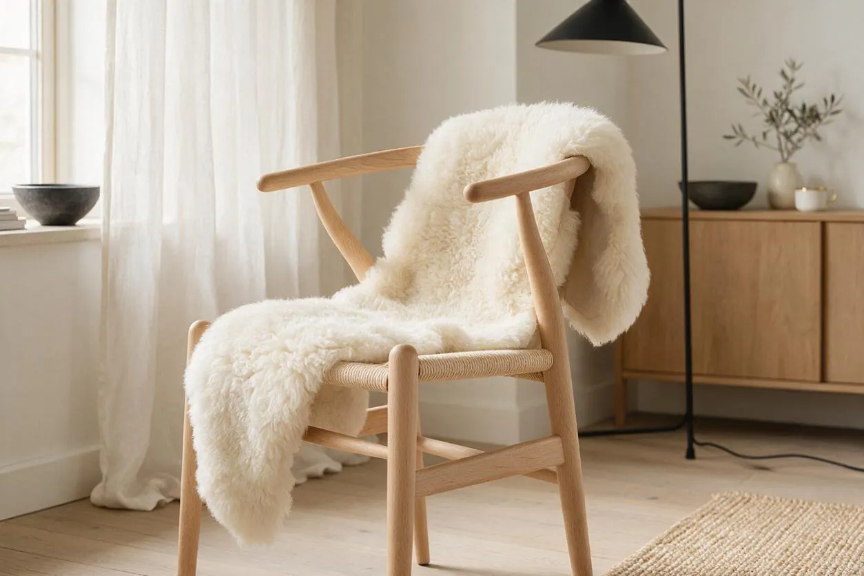 A light oak lounge chair with a woven seat is draped in a plush cream sheepskin throw, set in a calm Scandinavian room. Sheer curtains, pale wood flooring, a black floor lamp, and a simple wood cabinet complete the airy neutral scene.