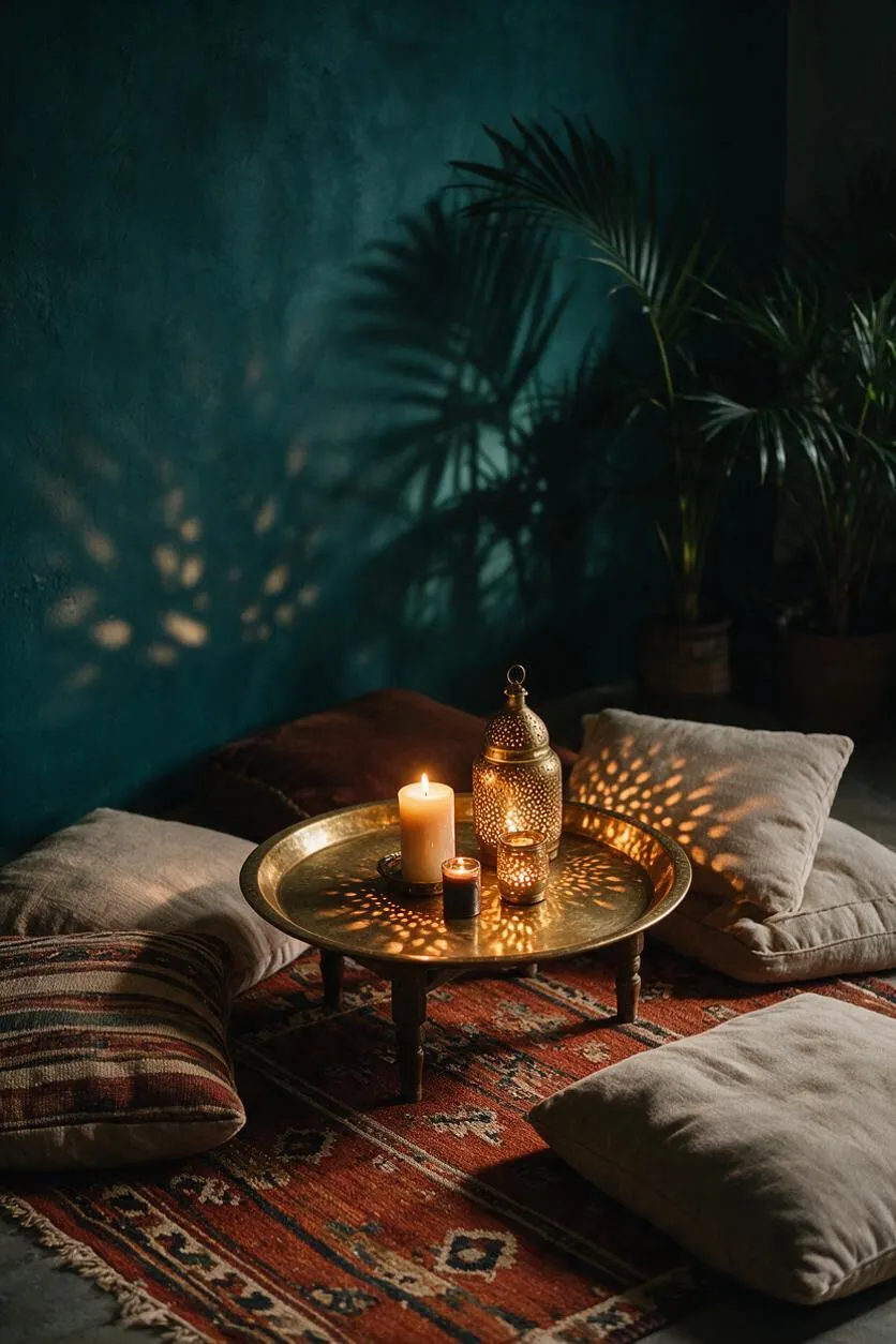 A cozy bohemian floor seating vignette with a patterned red rug, neutral floor cushions, and a low brass tray table holding candles and a pierced lantern. A deep teal wall and potted palms in the background create dramatic shadows and a warm, intimate atmosphere.
