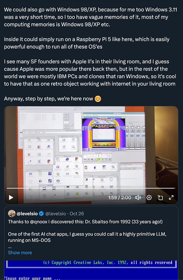 The image displays a retro computing interface featuring a Windows-like desktop environment with various application icons and a chat application running in a terminal window.