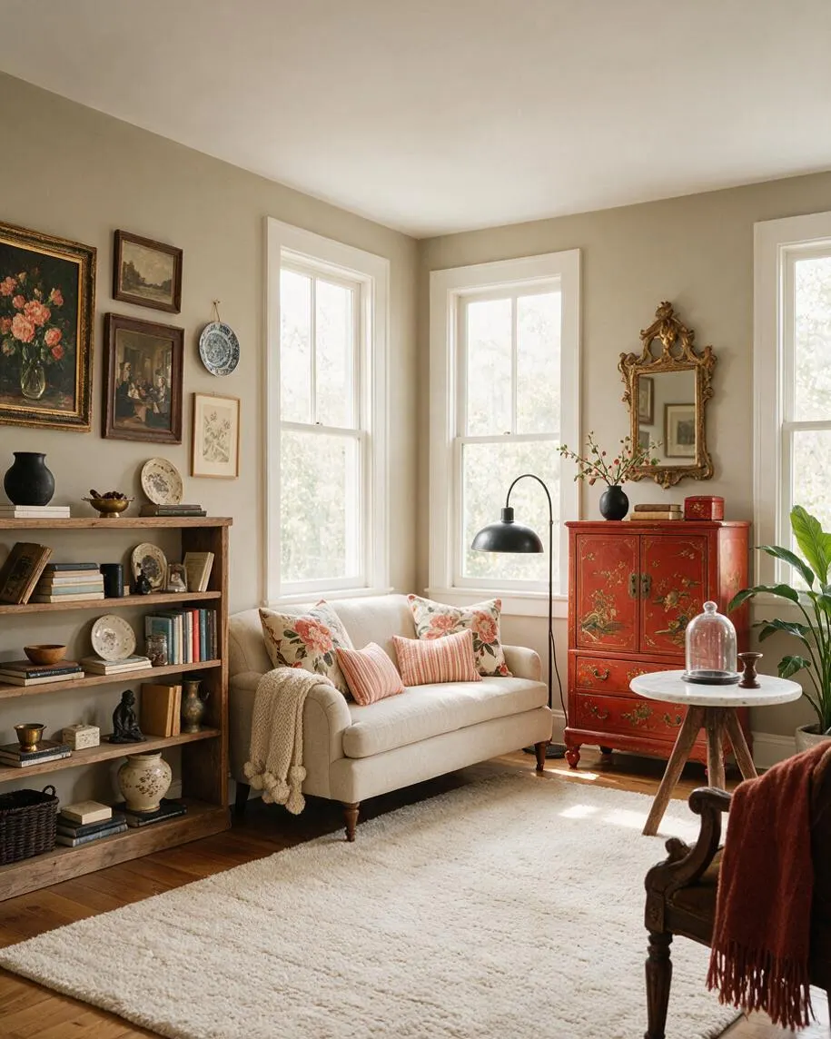 A bright sunroom with beige walls, white-trimmed windows, and a cozy cream loveseat styled with floral and striped pillows. The room features a rustic wood bookshelf, a red chinoiserie cabinet, an ornate gold mirror, layered vintage art, and a soft white rug over warm wood floors.