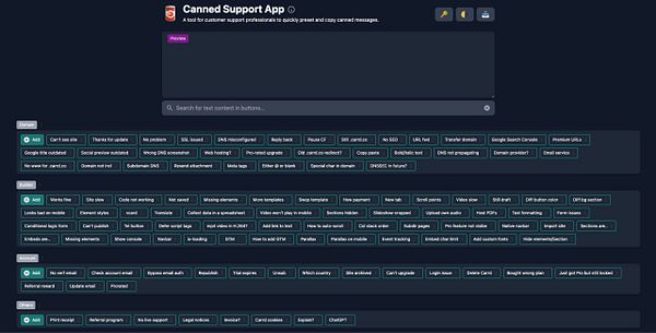 The image displays the interface of the Canned Support App, showcasing various preset messages for customer support tasks.