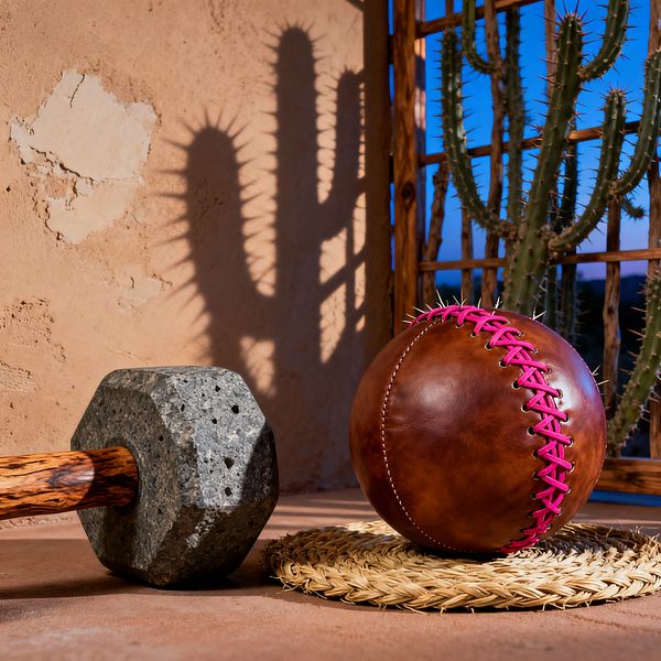 In a sunlit corner of a Southwestern-style home gym, a brown leather medicine ball with vivid magenta lacing sits on a round braided jute mat next to a dumbbell with a speckled stone head and wooden handle. The scene is set against an adobe plaster wall and terracotta floor, with a wood-gridded window revealing tall cactus and casting sharp desert shadows across the surfaces.