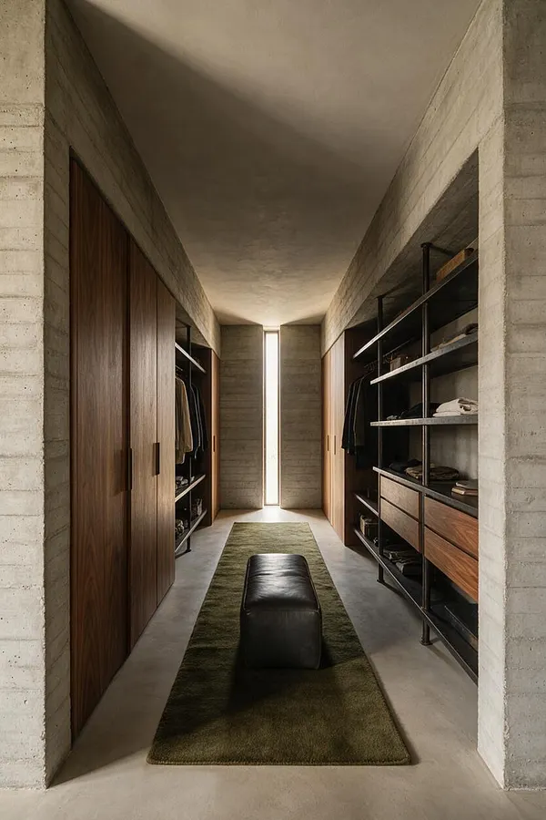 A narrow walk-in closet with exposed concrete walls and a smooth concrete floor, lined with dark walnut cabinetry and open black metal shelving. A slim vertical window at the back brings in soft daylight, while a green runner and black leather bench add contrast down the center.