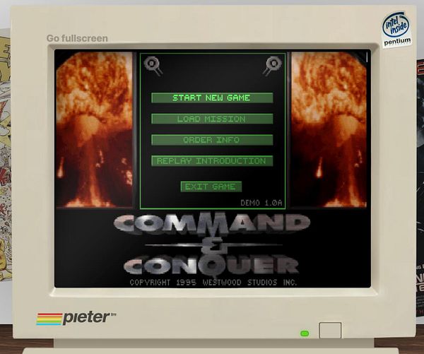 A retro computer screen displays the main menu of the game Command & Conquer.