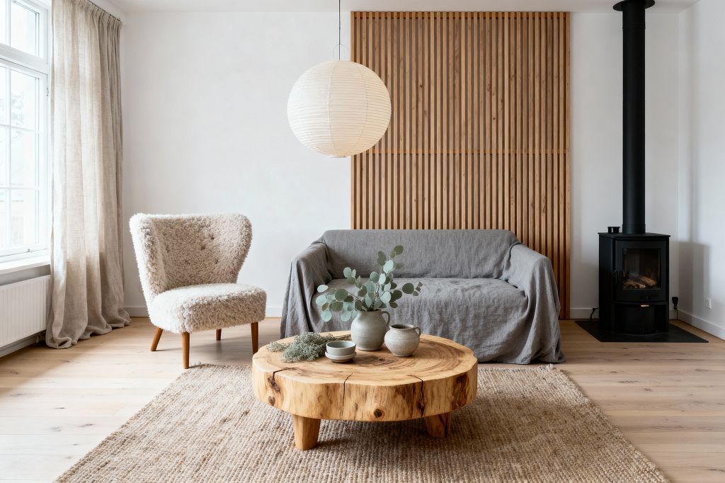 A Scandinavian living room with a pale wood floor and a large window dressed in beige linen curtains. A gray linen slipcovered sofa sits before a vertical slatted oak wall, paired with a round solid-wood coffee table displaying stoneware and eucalyptus, a cream shearling bouclé accent chair, a textured jute rug, a white paper lantern pendant, and a matte black wood-burning stove in the corner.