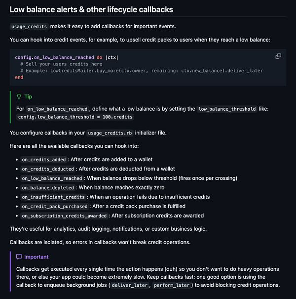 Screenshot of a GitHub pull request discussion with code changes and comments on lifecycle callbacks in usage_credits.