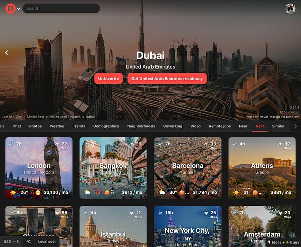 The image displays a user interface for a travel or living platform featuring various cities with details on cost of living and internet speed.