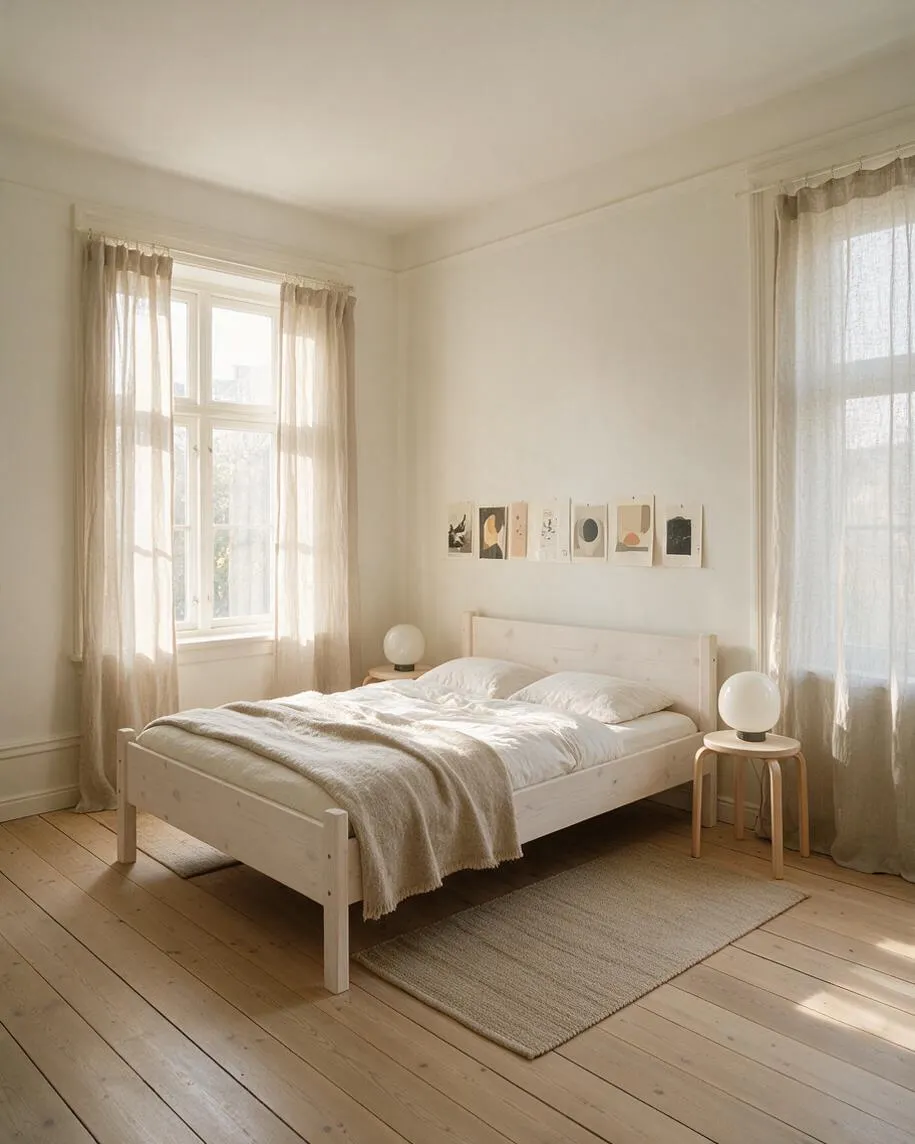 A bright Scandinavian-style guest bedroom with a light wood bed centered between two windows dressed in sheer beige curtains. The room has white walls, pale wood floors, a woven area rug, small round side tables, globe lamps, and minimalist wall art above the bed.