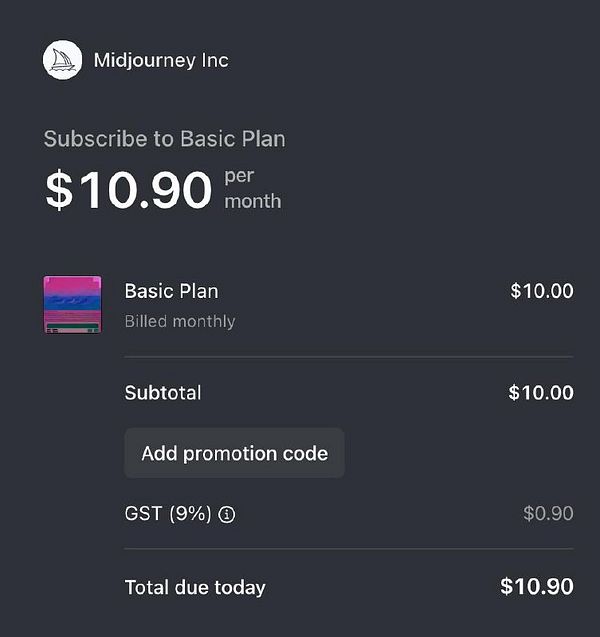 The image displays a subscription interface for Midjourney's Basic Plan.