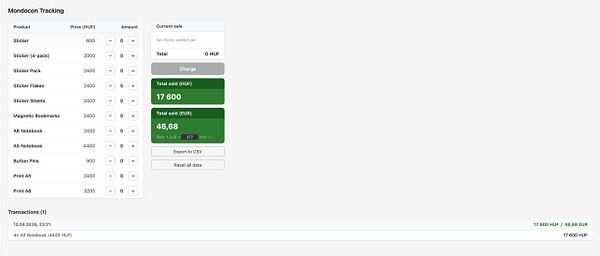 A dashboard interface for managing cash transactions in Hungarian Forints (HUF) with options for account, cash, and credit payment inputs and a summary of total income.