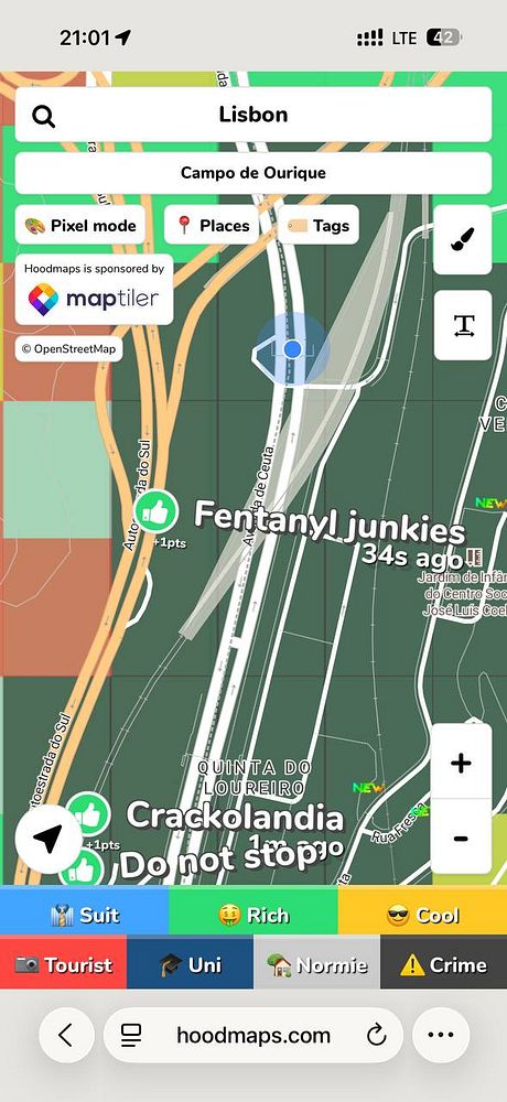Map of Lisbon highlighting a new Fentanyl affected area labeled 'Lisbon Ghetto' with surrounding neighborhoods and streets.
