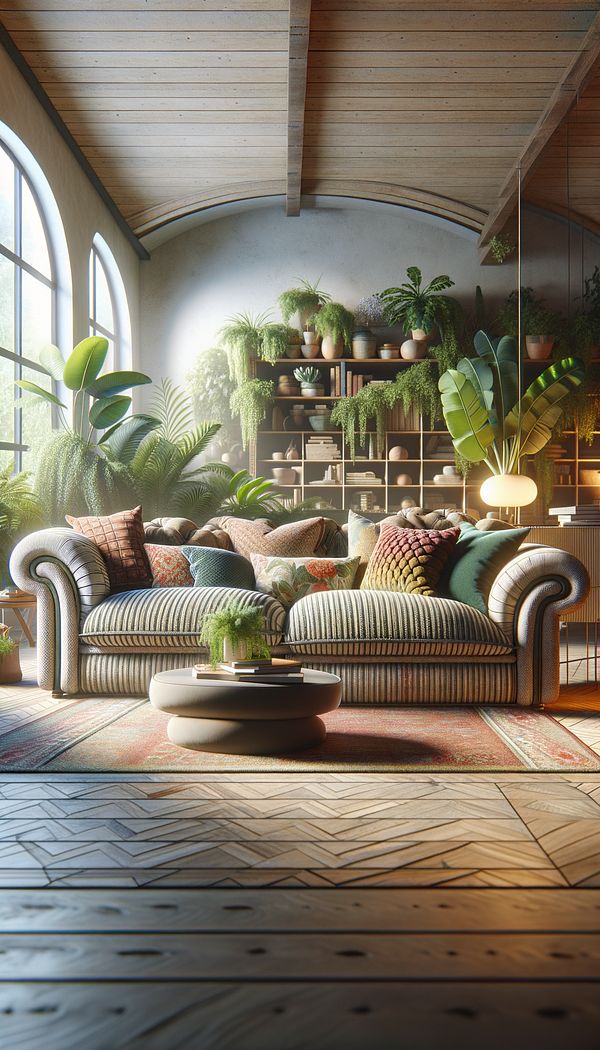 A cozy and inviting living room featuring a scatter-back sofa adorned with multiple colorful cushions, surrounded by plants, a coffee table, and soft lighting.