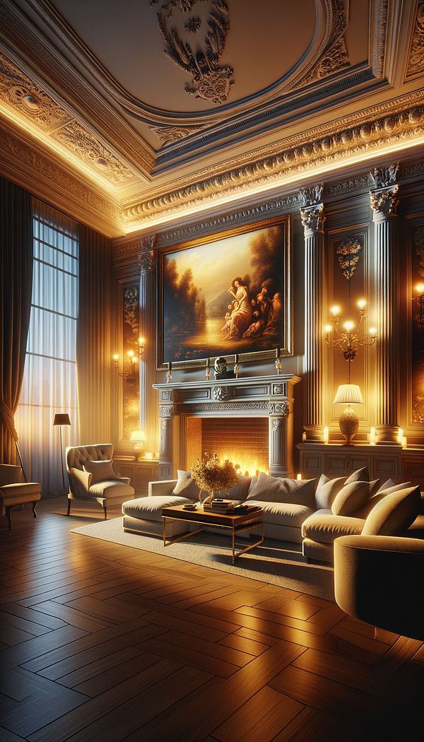 A cozy living room during the evening, illuminated by accent lighting highlighting a beautiful painting on the wall and architectural details around the fireplace.