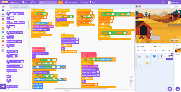The image displays a coding interface for a Llama game project in Scratch.