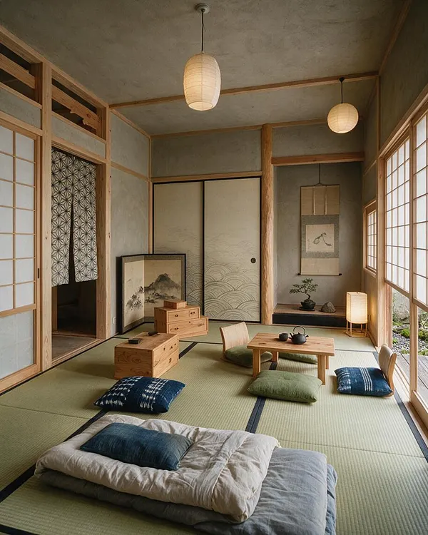 A Japanese Zen studio apartment with tatami mat flooring, shoji-style sliding doors, and light wood framing. Low wooden tables, floor cushions, a folded bedding stack, paper lantern pendant lights, and a tokonoma-style alcove with a scroll and bonsai create a calm, minimalist atmosphere.