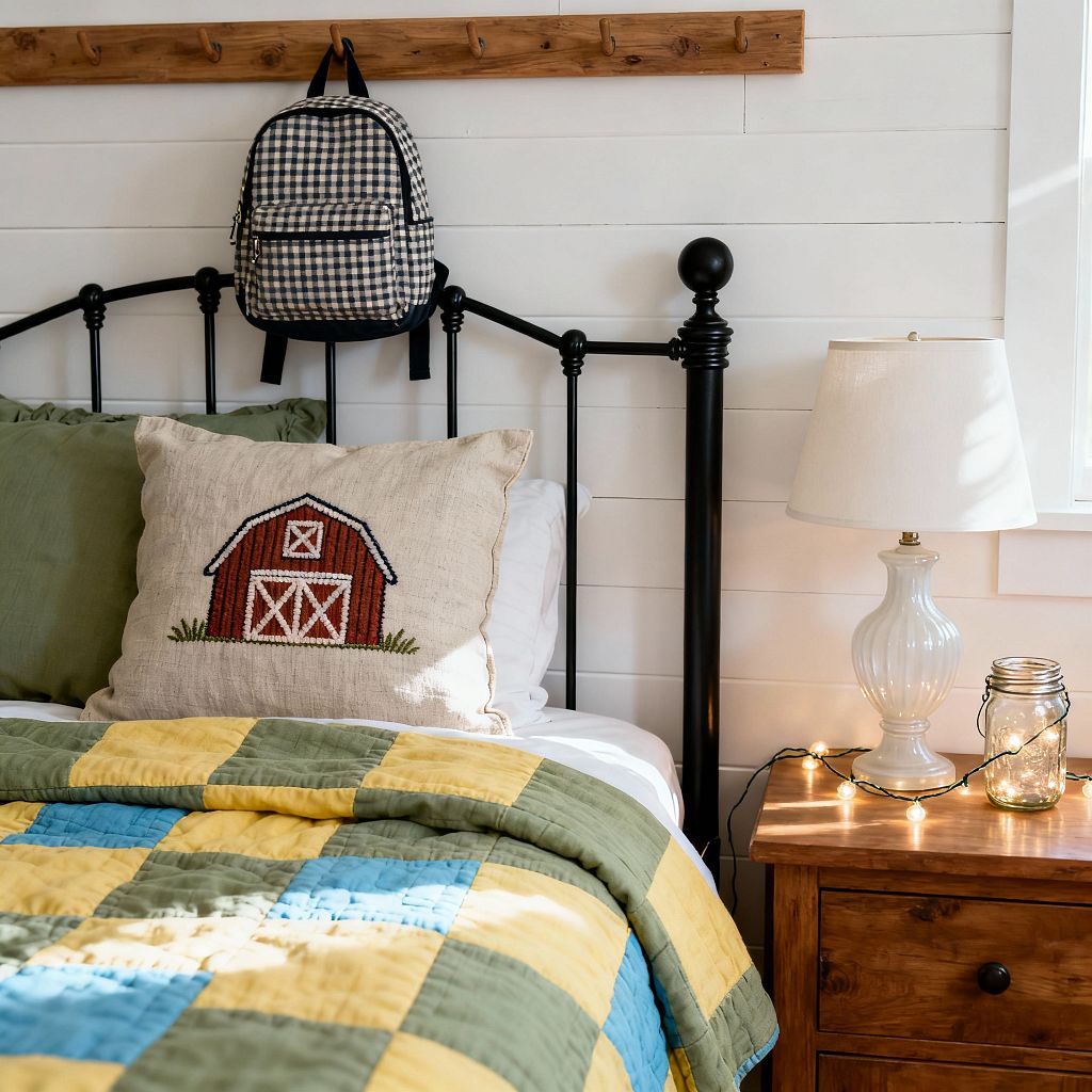 A kids' bedroom with white shiplap walls features a black iron bed dressed in a patchwork quilt of green, yellow, and blue, plus a linen pillow embroidered with a red barn. To the right, a knotty pine nightstand holds a ribbed glass lamp with a white shade and a mason jar filled with string lights, while a wooden peg rail above displays a small black-and-white gingham backpack as daylight streams from a nearby window.