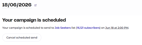 Screenshot of a newsletter scheduling tool interface with settings to configure email subject, pre-header, recipients, and schedule time.