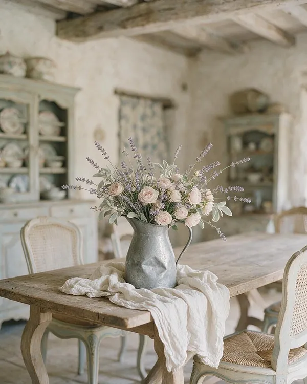 A French Country dining room features a weathered wooden table topped with a galvanized metal pitcher filled with pale pink roses and lavender stems. Soft white fabric is draped around the vase, and painted cane-back chairs and a distressed cabinet complete the airy, rustic setting.