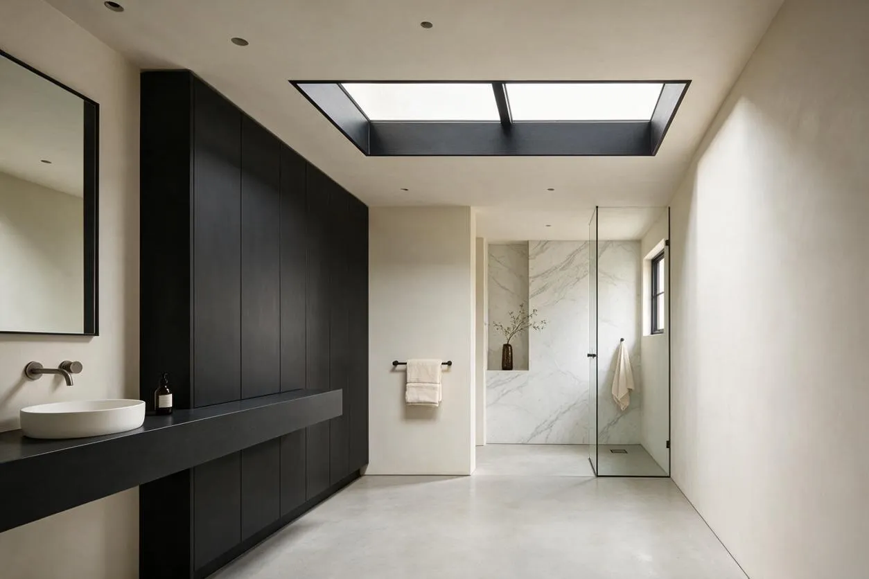 A minimalist master bathroom with a long black floating vanity, a round white vessel sink, and a large wall mirror on the left. The room features a skylight overhead, pale floors and walls, a glass-enclosed shower with marble-look tile, and sparse black accents for a calm, modern feel.