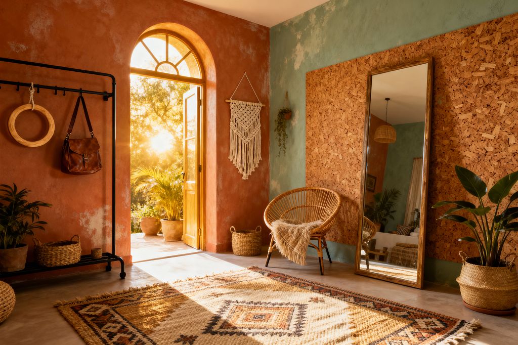 A sunlit Bohemian home gym with terracotta and sage plaster walls, a cork feature wall, and a large wood-framed floor mirror. The space includes a black steel rack with wooden gym rings, a rattan lounge chair with a fringed throw, woven baskets, potted plants, and a patterned jute rug on polished concrete, opening through an arched door to a garden.