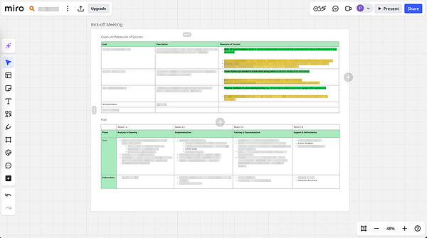 A Miro board layout for a kick-off meeting focused on ClickUp optimization with a marketing operations agency.